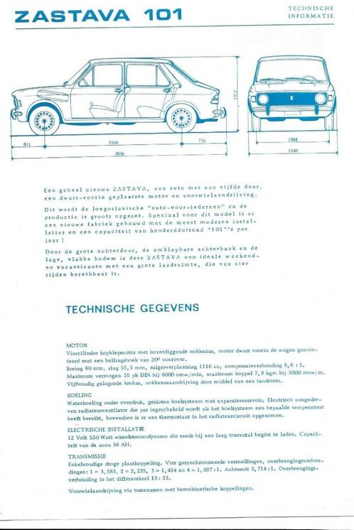 Zastava 101 technische informatie sheet A4 (zas), Boeken, Auto's | Folders en Tijdschriften, Zo goed als nieuw, Overige merken