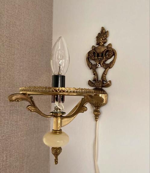 Vintage messing wandlamp met albast kleine fitting, Huis en Inrichting, Lampen | Wandlampen, Gebruikt, Metaal, Ophalen of Verzenden