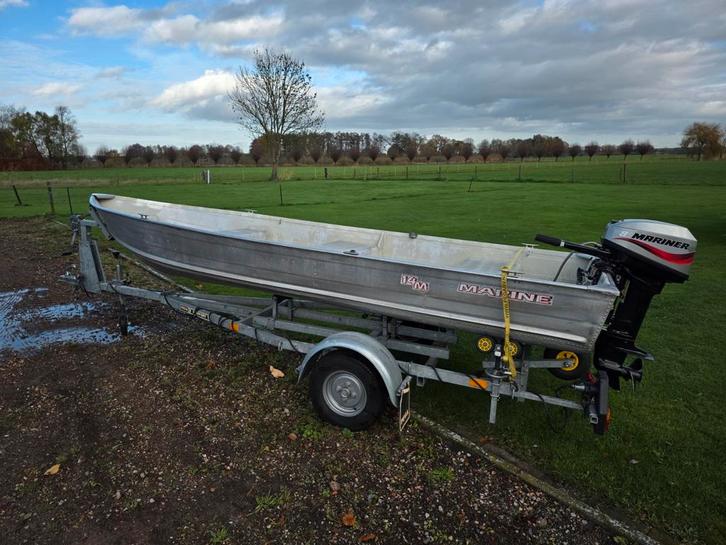 Aluminium visboot Marine 14M met 8 PK Mariner en Pegatrailer, Watersport en Boten, Vis- en Consoleboten, Gebruikt, Tot 10 pk, 3 tot 6 meter