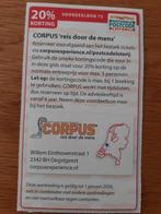 CORPUS REIS DOOR DE MENS 20% KORT MAX 5 PERSONEN!, Drie personen of meer, Kortingsbon, Overige typen