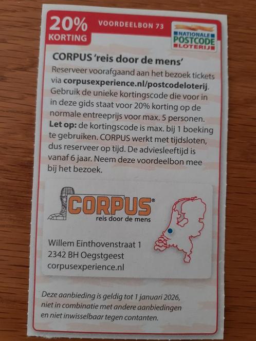 CORPUS REIS DOOR DE MENS 20% KORT MAX 5 PERSONEN!, Tickets en Kaartjes, Kortingen en Cadeaubonnen, Drie personen of meer, Overige typen