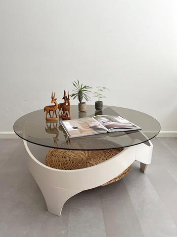 Vintage Space Age salontafel, rookglas blad, jaren 60 beschikbaar voor biedingen