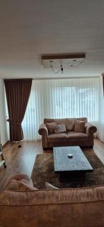 Mooie bruine overgordijnen + vitrage, Ophalen, Bruin, 200 cm of meer, Zo goed als nieuw