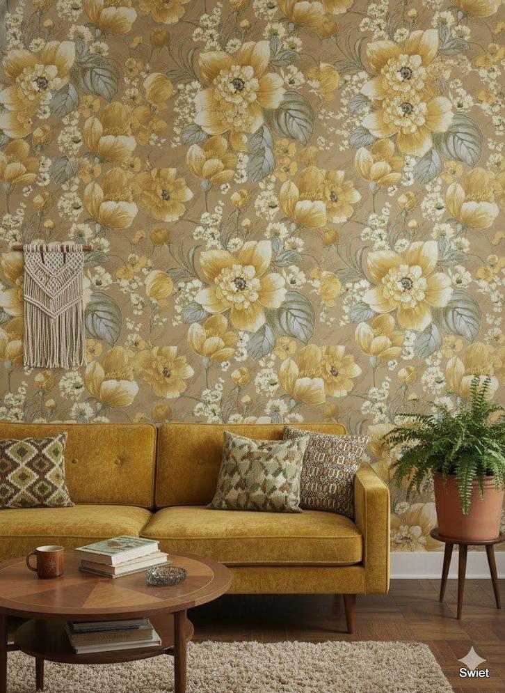 4213 vintage geel bloemenbehang seventies swiet jaren 70, Huis en Inrichting, Stoffering | Behang, Beige, minder dan 10 m², Verzenden