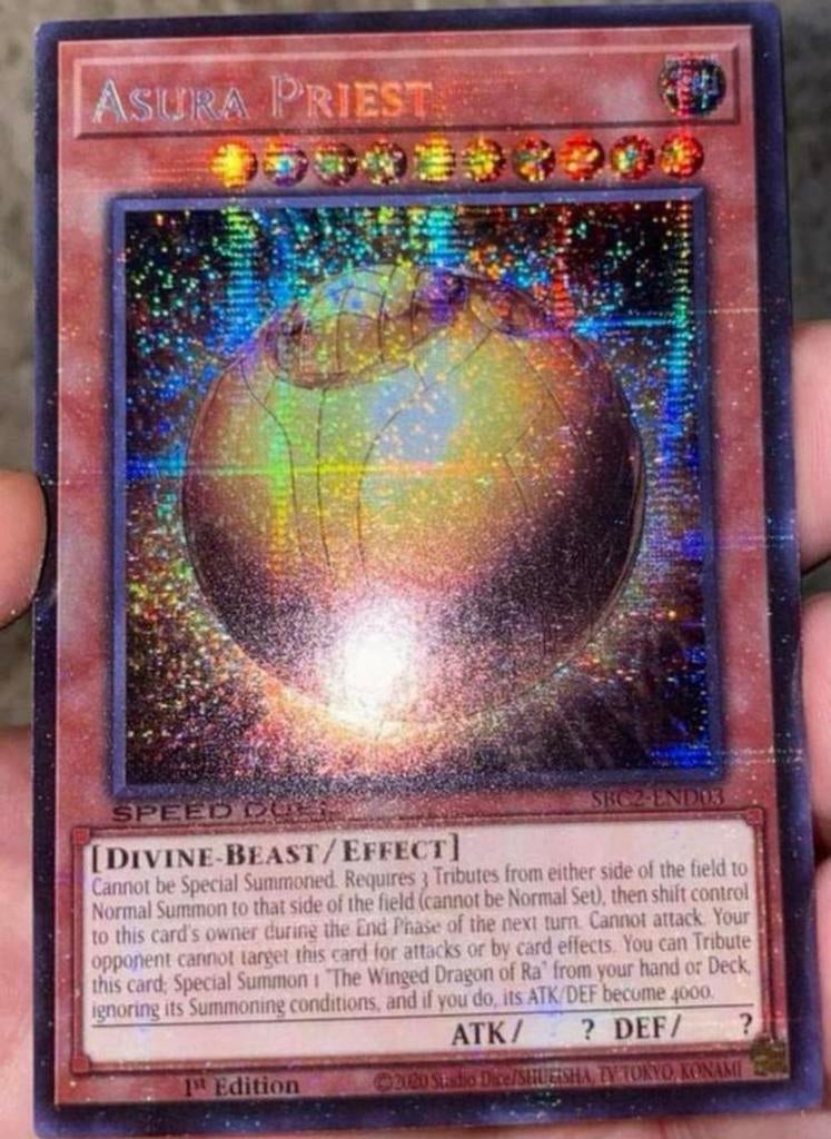 Yu-Gi-Oh! Winged Dragon of Ra Sphere - Asura Priest Misprint, Ophalen of Verzenden, Zo goed als nieuw, Losse kaart, Foil