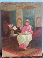 Klassiek schilderij van een lezende jonge vrouw, Antiek en Kunst, Ophalen of Verzenden