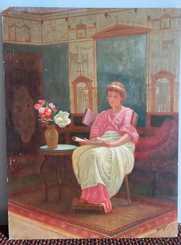 Klassiek schilderij van een lezende jonge vrouw beschikbaar voor biedingen