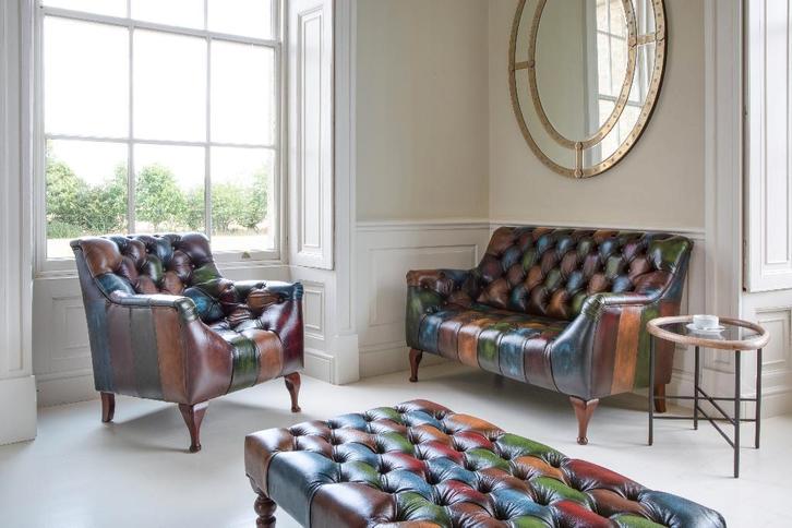 Dallas Patchwork Multicolor chesterfield Antiek leer kleuren, Huis en Inrichting, Banken | Bankstellen, Nieuw, 75 tot 100 cm, Leer