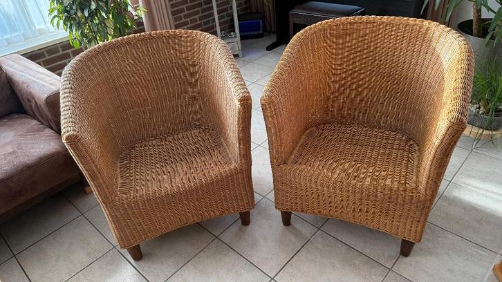 2 gezellige rotan clubs, Huis en Inrichting, Stoelen, Gebruikt, Twee, Riet of Rotan, Bruin, Ophalen