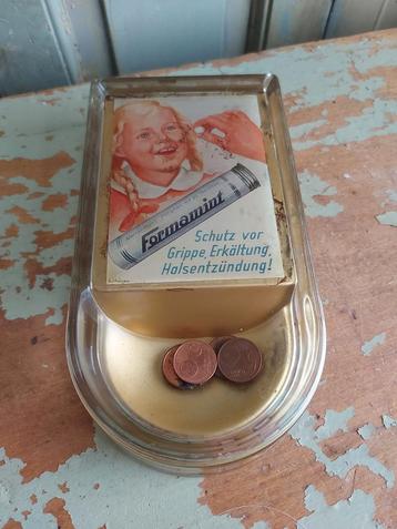 Antieke glazen geldschaal betaalschaal met reclame beschikbaar voor biedingen