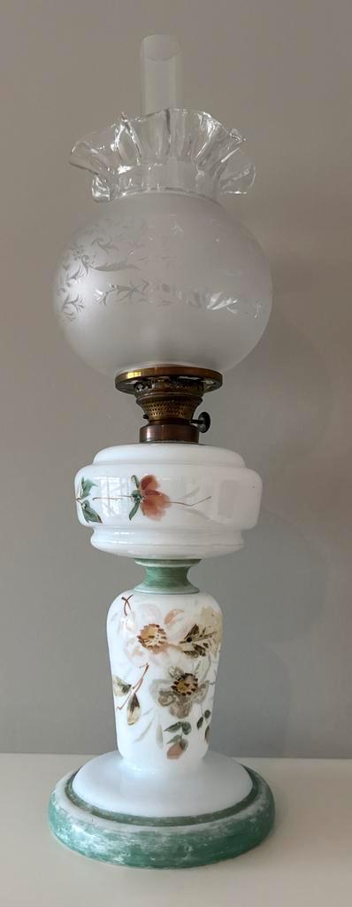 Antieke olielamp, opaline glas, 19 de eeuw, Antiek en Kunst, Antiek | Glas en Kristal, Ophalen