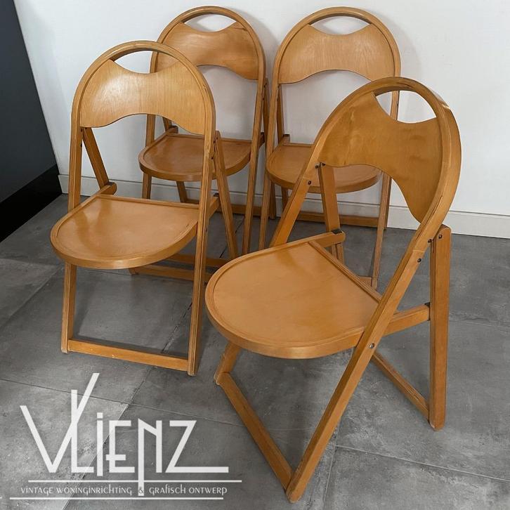 Vier vintage, Midcentury houten klapstoelen OTK 25, stoelen, Huis en Inrichting, Stoelen, Gebruikt, Vier, Hout, Metaal, Bruin