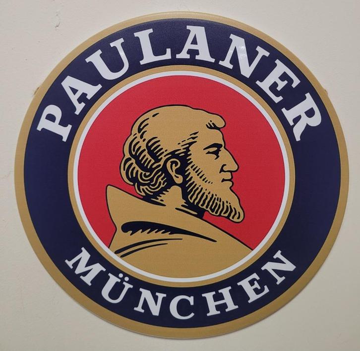 Paulaner Munchen bier rond reclamebord van metaal wandbord, Verzamelen, Biermerken, Nieuw, Reclamebord, Plaat of Schild, Overige merken