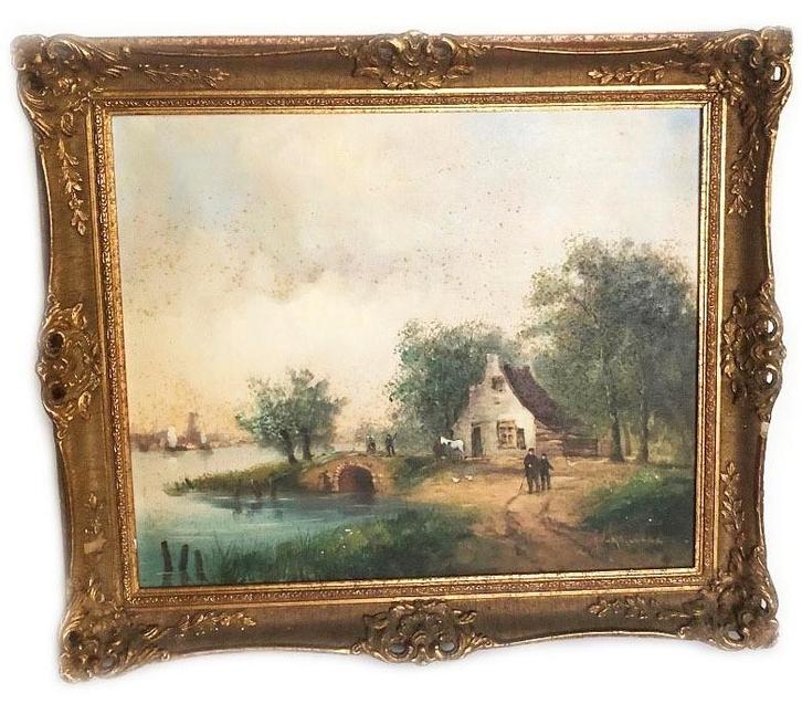 Oude schilderij boerderij olieverf op doek, Antiek en Kunst, Kunst | Schilderijen | Klassiek, Ophalen