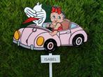 Geboortebord baby en ooievaar in roze auto, met naambordje., Ophalen, Nieuw, Geboortebord