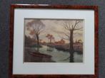 Landschap met riviertje, bomen, kerk, roeiboot, gesigneerd, Antiek en Kunst, Verzenden