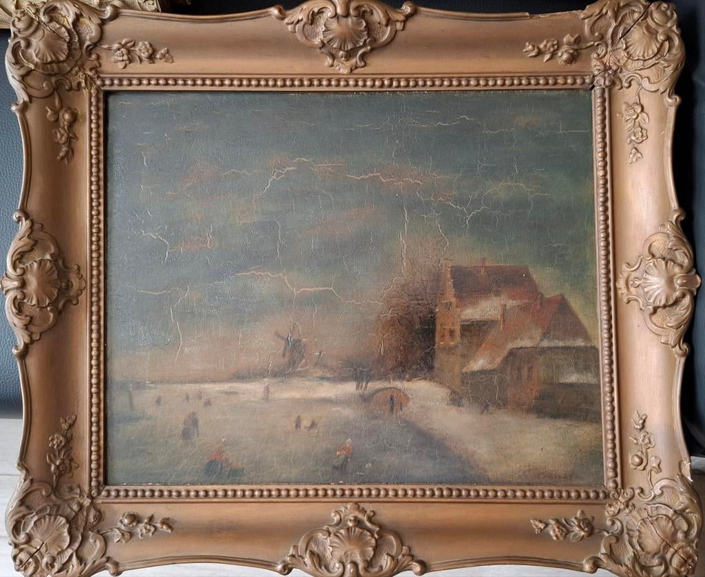 Omgev. Nicolaas Johannes Rooseboom-ijsgezicht met schaatsers, Antiek en Kunst, Kunst | Schilderijen | Klassiek, Ophalen of Verzenden