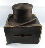Vintage zwarte hoge hoed Finest Ouality Londen met doos, Antiek en Kunst, Ophalen of Verzenden, Heren