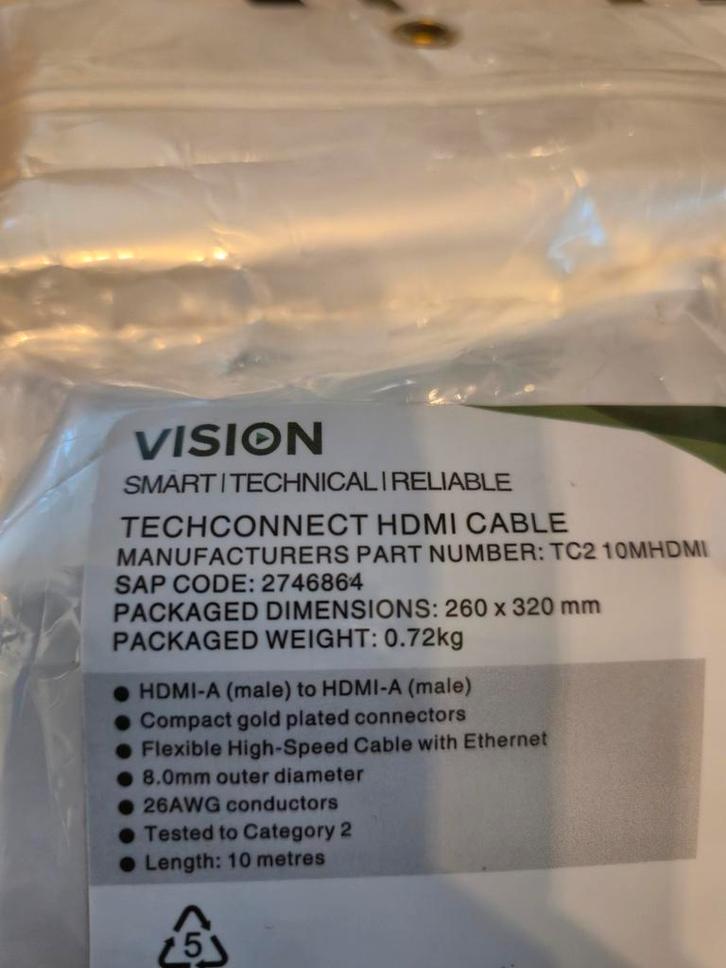 Nieuwe Vision HDMI Kabel - 10 Meter, Audio, Tv en Foto, Audiokabels en Televisiekabels, Nieuw, HDMI-kabel, 10 meter of meer, Ophalen of Verzenden
