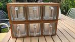 Houten rek met 6 glazen kiepbakken voor levensmiddelen, Huis en Inrichting, Woonaccessoires | Kisten, Minder dan 50 cm, Gebruikt