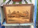 Vintage hout ingelegd schilderij - boerderij, Ophalen of Verzenden