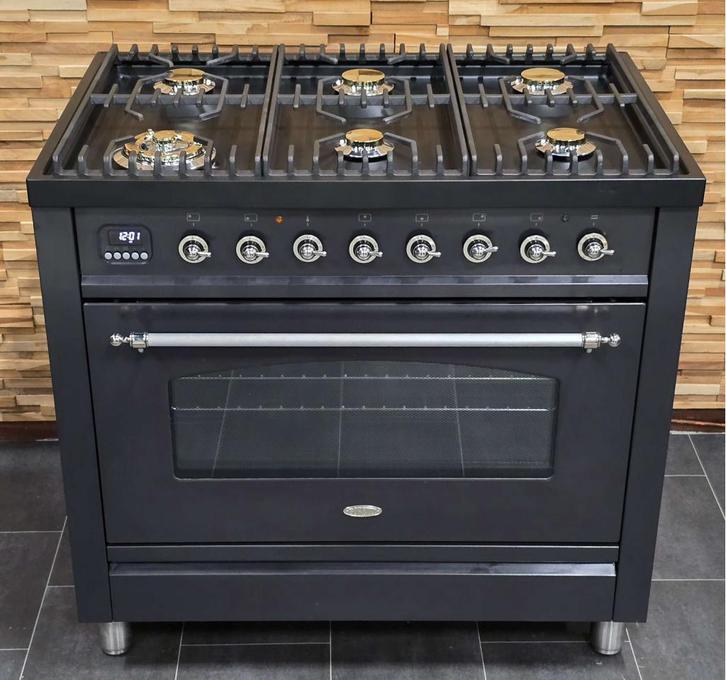 Luxe Boretti Fornuis 90cm antraciet + rvs 300 graden oven, Witgoed en Apparatuur, Fornuizen, Zo goed als nieuw, Vrijstaand, Gas