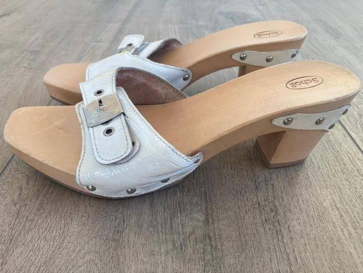 Halfhoge witte lederen kleppers Scholl mt 41, Kleding | Dames, Schoenen, Zo goed als nieuw, Sandalen of Muiltjes, Wit, Ophalen of Verzenden