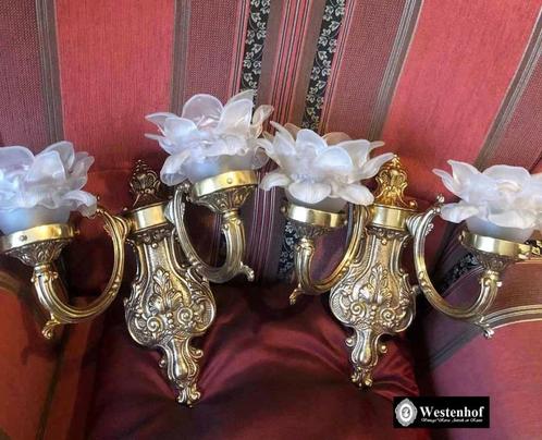 2 Wandlampen antiek barok messing goud, lamp kapje glas roos, Huis en Inrichting, Lampen | Wandlampen, Glas, Metaal, Overige materialen