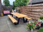 Picknicktafel staal en douglas/lariks hout. W frame Boomstam, Ophalen of Verzenden, Nieuw, Rechthoekig, Hout