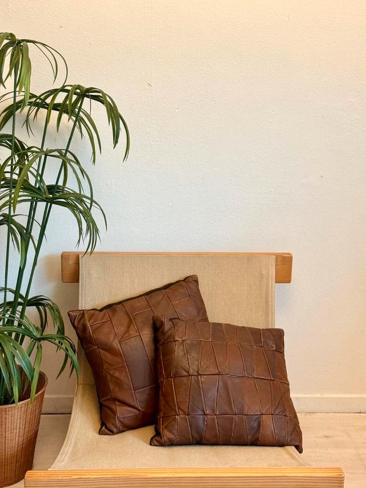 Vintage leren patchwork kussens jaren 70, Huis en Inrichting, Woonaccessoires | Kussens, Gebruikt, Bruin, Vierkant, Ophalen of Verzenden