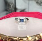 14k witgouden diamant en saffieren ring maat 18 # 210134/1, 18 tot 19, Goud, Met edelsteen, Ophalen of Verzenden