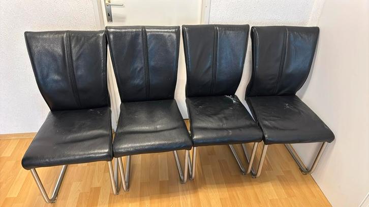 4 zwarte leren stoelen, Huis en Inrichting, Stoelen, Gebruikt, Vijf, Zes of meer stoelen, Leer, Zwart, Ophalen