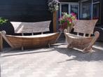 2x Zware teakhouten bootbank Artistiq Chang sieraad in tuin, Ophalen, Gebruikt, Teakhout