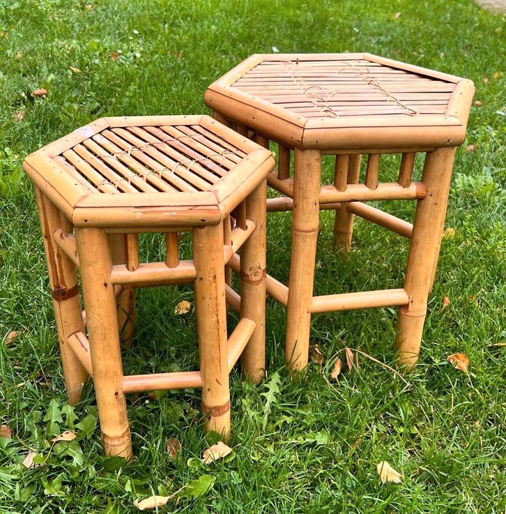 Bamboe bijzettafeltjes, Huis en Inrichting, Tafels | Bijzettafels, Gebruikt, Rond, 45 tot 60 cm, Minder dan 55 cm, Overige materialen