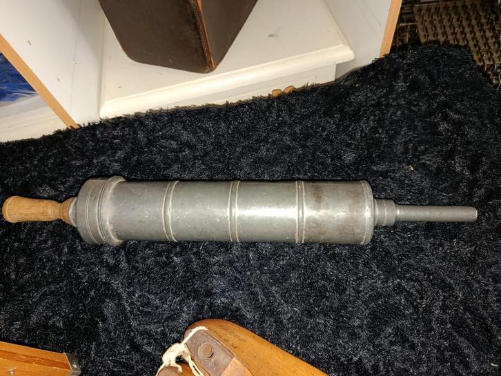 Antieke Tinnen Spuit met Houten Handvat, Antiek en Kunst, Antiek | Gereedschap en Instrumenten, Ophalen of Verzenden