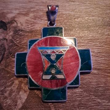 Prachtige grote Peru Chakana Hanger - Zilver & Natuursteen beschikbaar voor biedingen