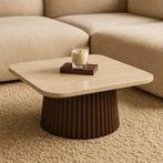 Travertin salontafel met houten voet – 80x80x40 cm, Overige materialen, 100 tot 150 cm, Nieuw, Japandi, scandinavisch