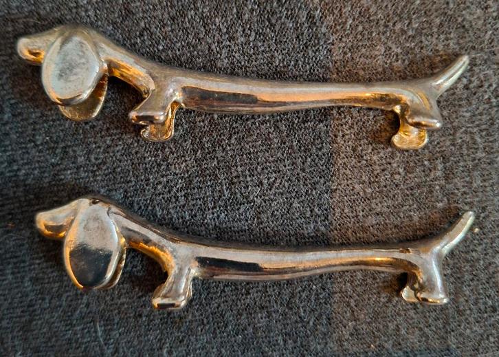 2 Verzilverde Vintage Tekkel Messenleggers, Huis en Inrichting, Woonaccessoires | Kandelaars en Kaarsen, Gebruikt, Minder dan 25 cm