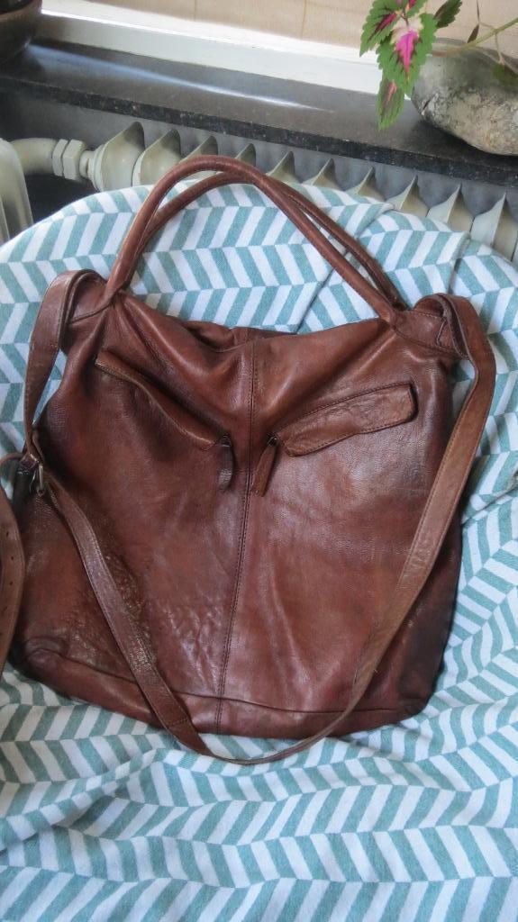 SHABBIES, prachtige ruime leren tas, kastanje bruin, 37x37cm, Sieraden, Tassen en Uiterlijk, Tassen | Damestassen, Gebruikt, Overige typen
