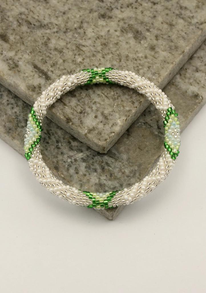 Glaskralen armband - zilver, wit en groen - RB119, Sieraden, Tassen en Uiterlijk, Armbanden, Nieuw, Overige materialen, Overige kleuren