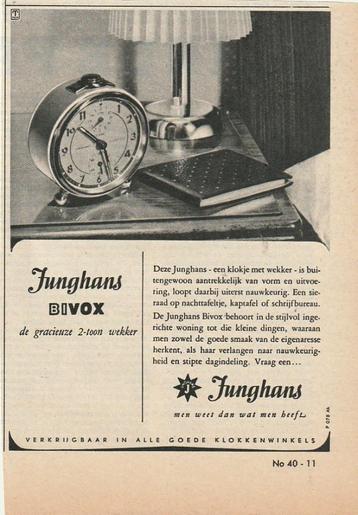 Retro reclame 1952 Junghans Bivox wekker gracieus beschikbaar voor biedingen