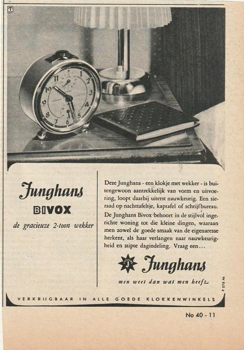 Retro reclame 1952 Junghans Bivox wekker gracieus, Verzamelen, Retro, Overige typen, Verzenden