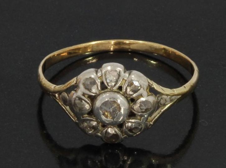 Rozet 14k gouden antieke dames ring 9 roos diamanten vintage, Sieraden, Tassen en Uiterlijk, Antieke sieraden, Ring, Goud, Met edelsteen