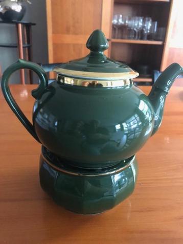 PILLIVUYT Prachtige theepot met rechaud Groen met gouden ran beschikbaar voor biedingen