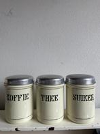 Crème set emaille koffie thee suikerbussen met zwarte letter, Ophalen of Verzenden