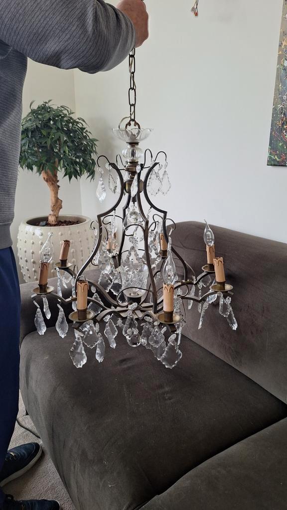 Antieke Franse Kroonluchter goed werkend - Kristallen intact, Huis en Inrichting, Lampen | Kroonluchters, Gebruikt, Glas, Metaal