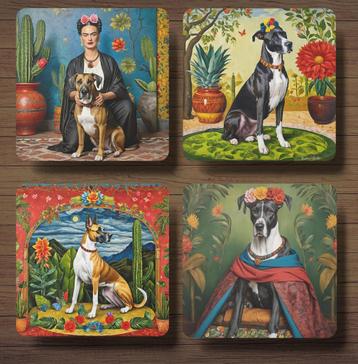 Duitse Dog Frida Kahlo onderzetters met houder beschikbaar voor biedingen