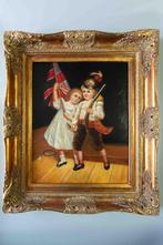 Schilderij met 2 spelende kinderen met britse vlag, Antiek en Kunst, Kunst | Schilderijen | Klassiek, Ophalen
