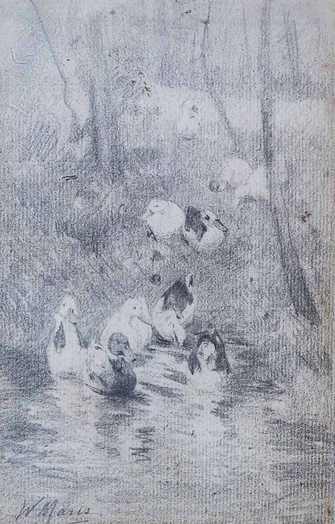 Willem Maris (1844-1910) - Eenden aan de waterkant, Antiek en Kunst, Kunst | Tekeningen en Foto's, Ophalen of Verzenden