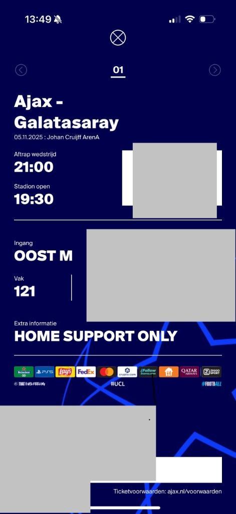 2 Tickets Ajax - galatasaray, Tickets en Kaartjes, Sport | Voetbal, Twee personen, November, Losse kaart, Europa of Champions League